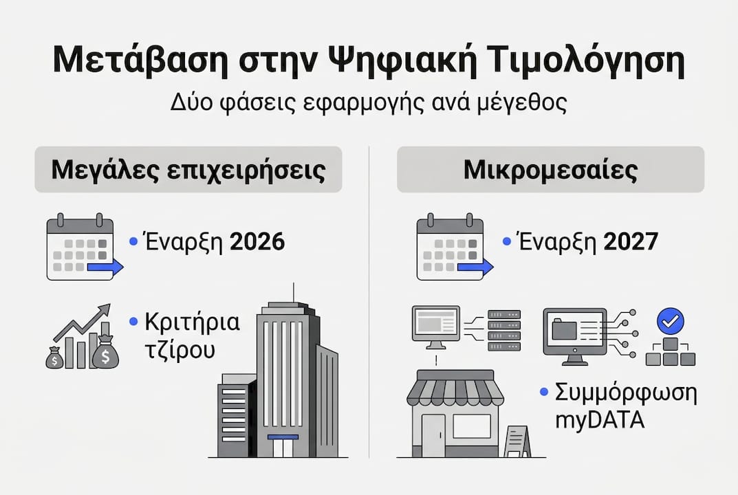 Γραφική απεικόνιση: Βήματα και χρονοδιάγραμμα για τη μετάβαση στην ηλεκτρονική τιμολόγηση