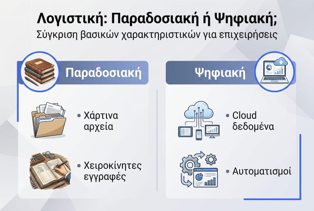 Γραφικό όπου αναδεικνύονται οι διαφορές ανάμεσα στη λογιστική με τον παραδοσιακό τρόπο και στη σύγχρονη, ψηφιακή της εκδοχή.