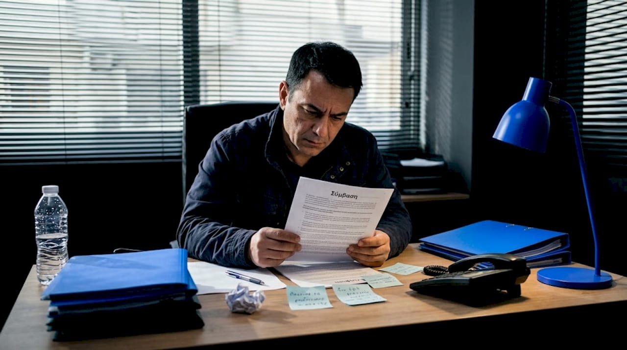 Άνδρας εξετάζει τους πιθανούς επιχειρηματικούς κινδύνους και ευθύνες στο γραφείο του, αναλογιζόμενος τις επιπτώσεις για την επιχείρησή του.