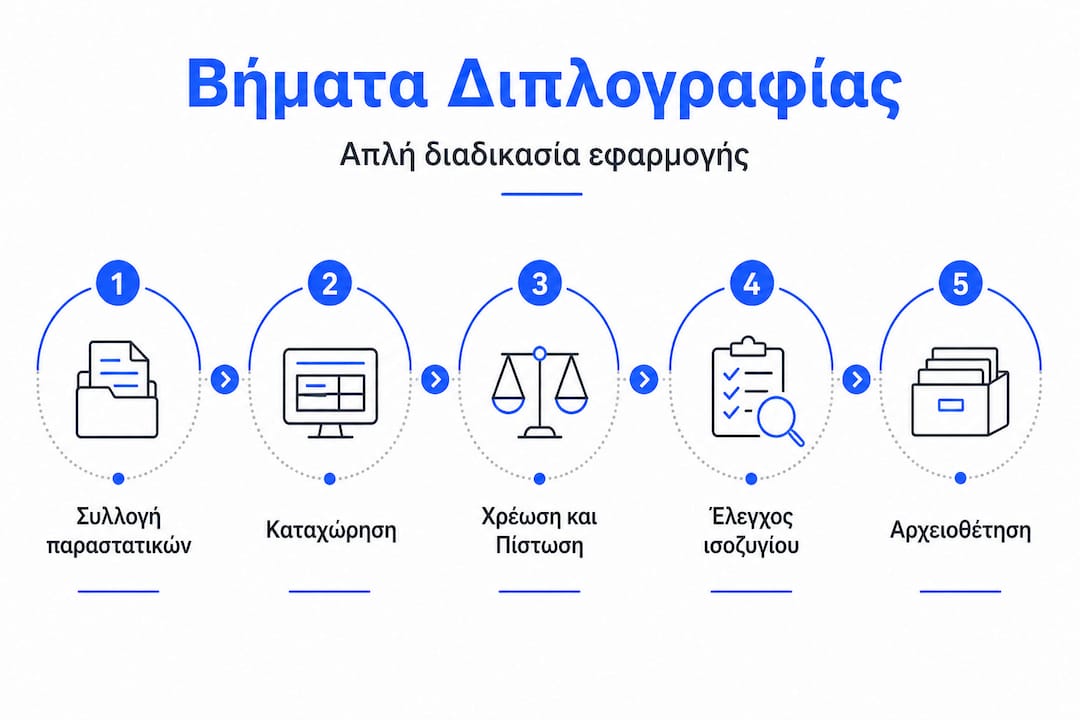Κάθετη απεικόνιση με τα πέντε βασικά στάδια της διπλογραφικής μεθόδου