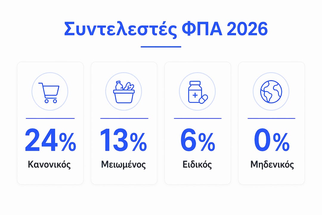 Γραφική απεικόνιση με τους συντελεστές ΦΠΑ που θα ισχύουν στην Ελλάδα το 2026