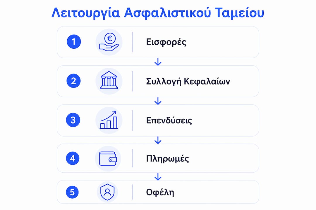 Εικονογραφημένη παρουσίαση που εξηγεί πώς λειτουργεί το ασφαλιστικό ταμείο και ποια είναι τα βασικά του χαρακτηριστικά.