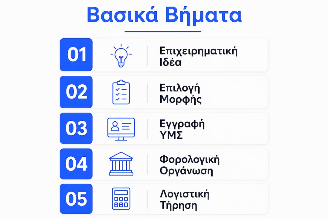 Εικονιστικός οδηγός με τα βασικά βήματα για να ξεκινήσετε τη δική σας επιχείρηση στην Ελλάδα.