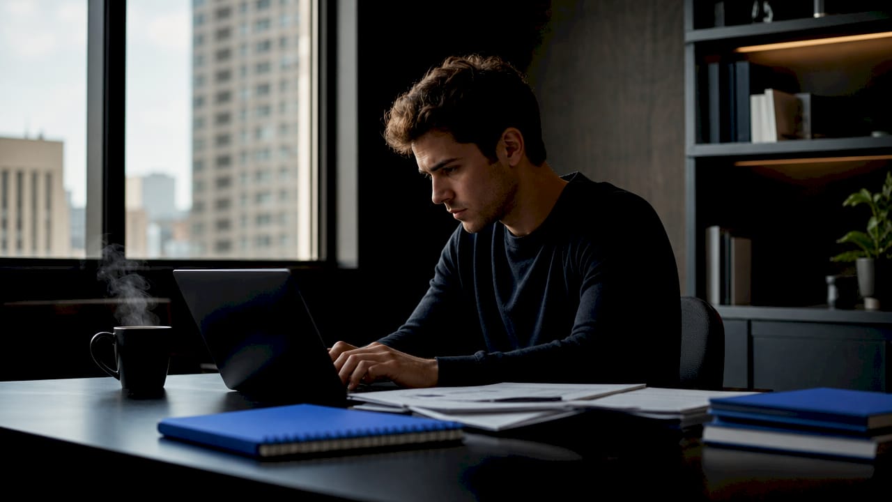 Δάχτυλα που χορεύουν στο πληκτρολόγιο του laptop, με σημειώσεις και μια κούπα καφέ στο πλάι.