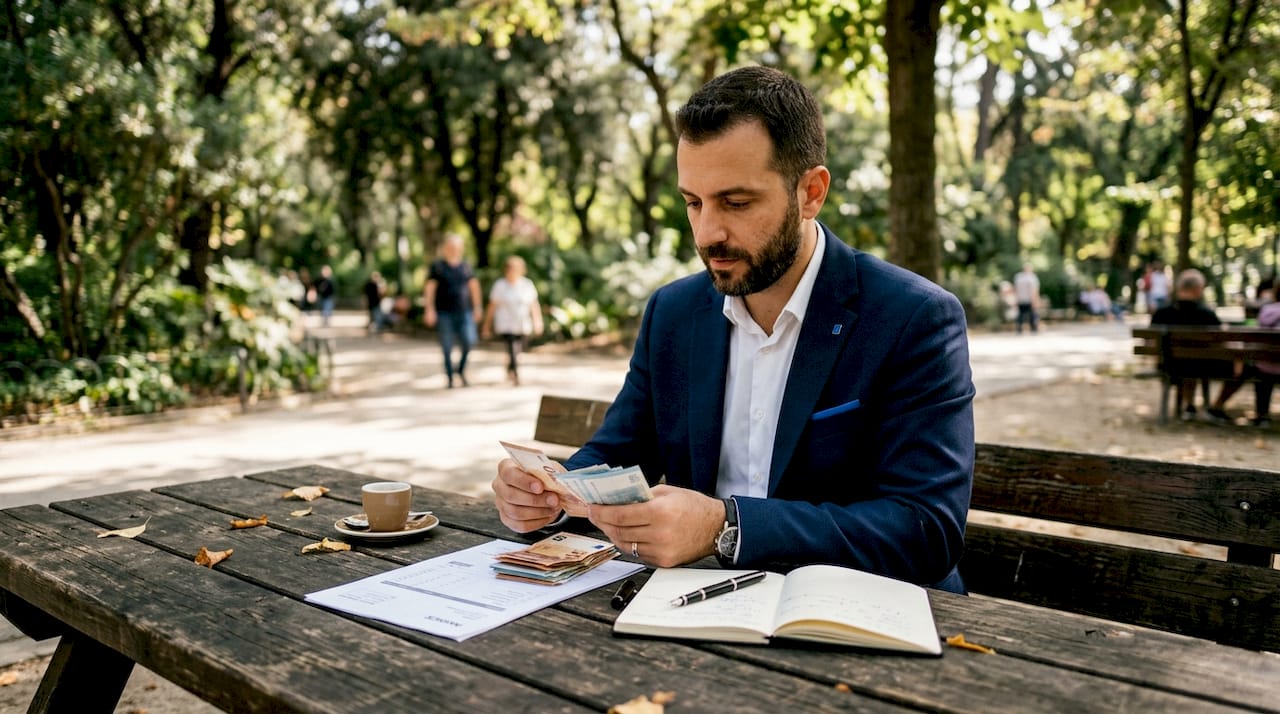 Χέρια μετρούν χαρτονομίσματα των ευρώ και ελέγχουν απόδειξη πάνω στο τραπέζι της καφετέριας.