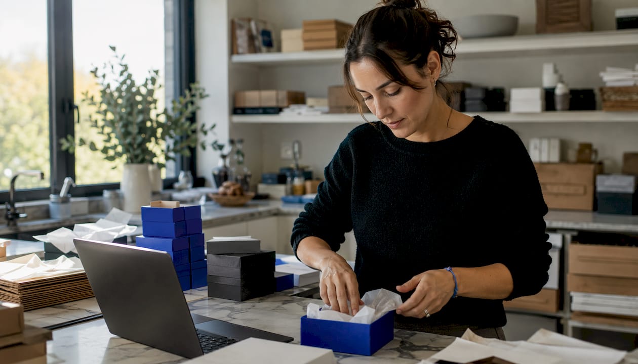 Χέρια ετοιμάζουν πακέτα για επιχείρηση dropshipping, με προσοχή στη λεπτομέρεια και φροντίδα για την αποστολή στους πελάτες.