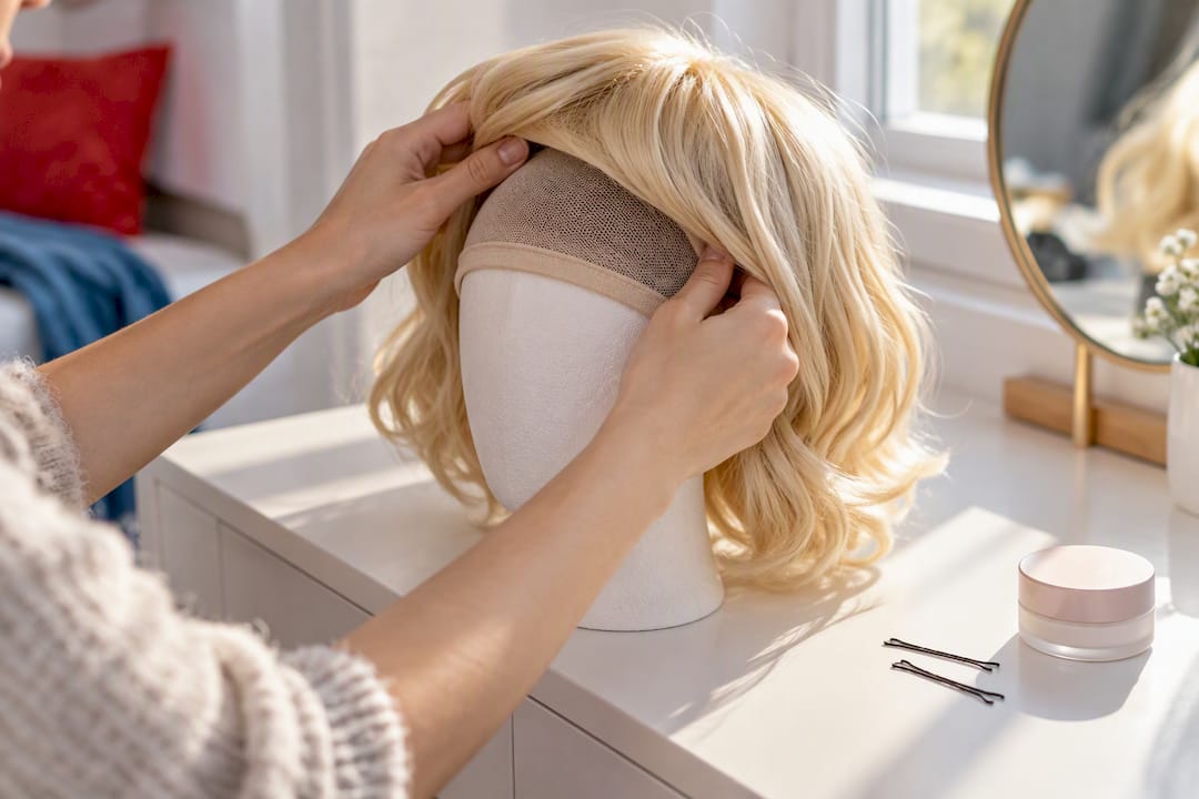 Hands fitting a wig cap beneath wig