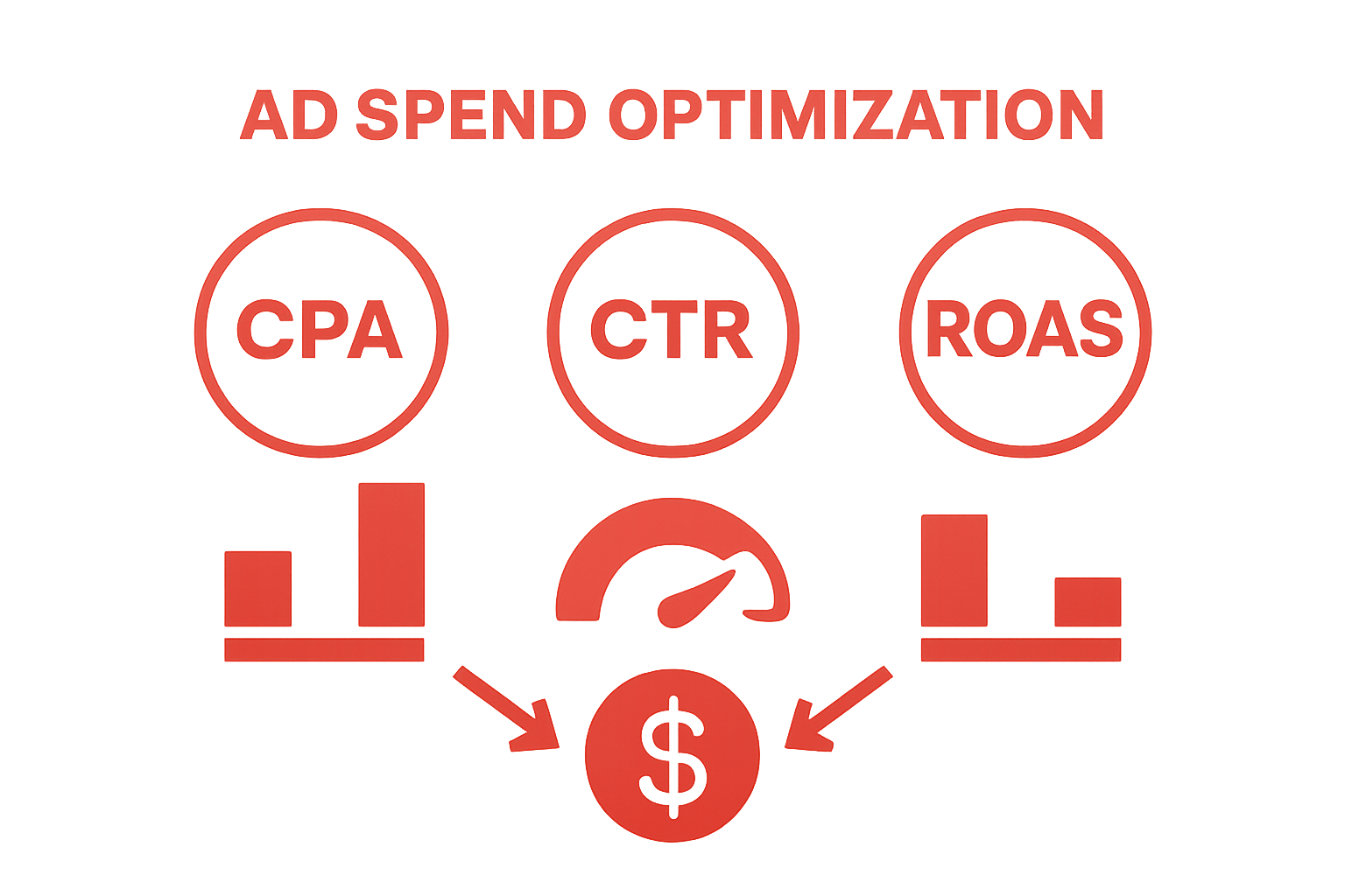 Infographic showing top ad spend metrics: CPA, CTR, ROAS