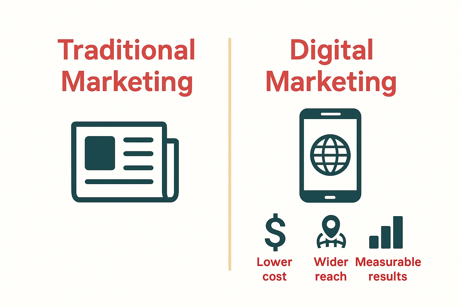 Infographic comparing traditional vs. digital marketing with cost, reach, and results icons