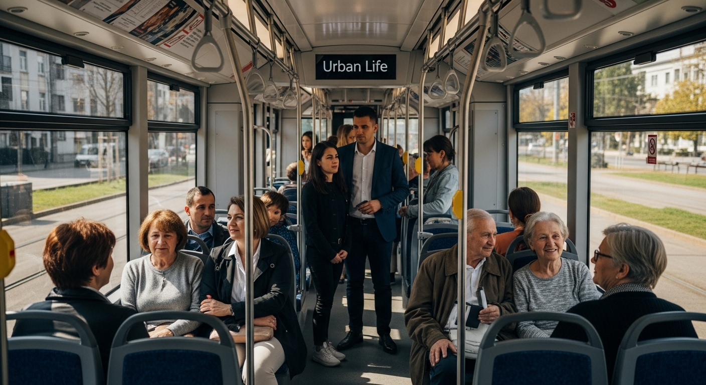 Arad tram interior passengers