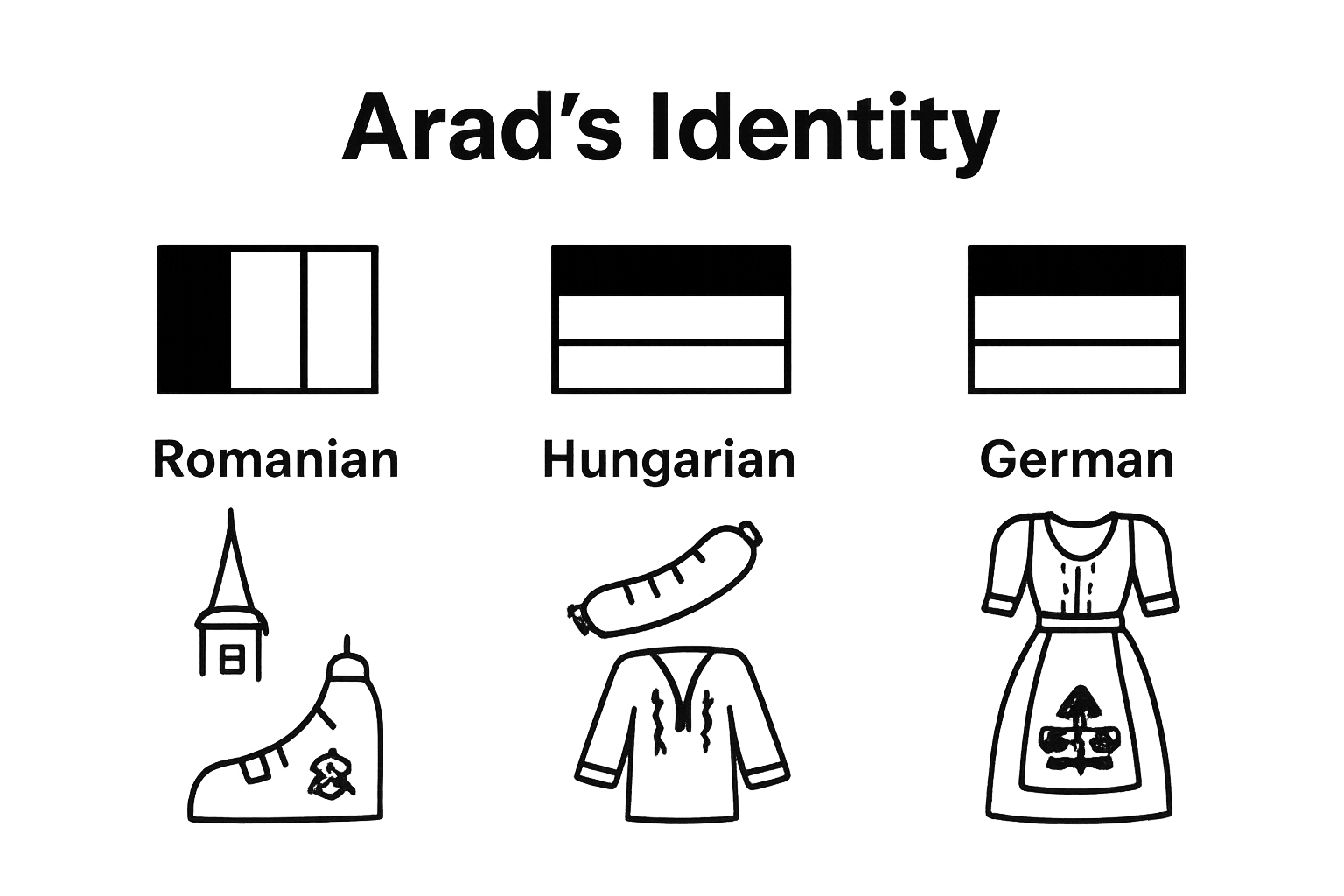 Simple infographic comparing Romanian, Hungarian, and German cultural influences in Arad