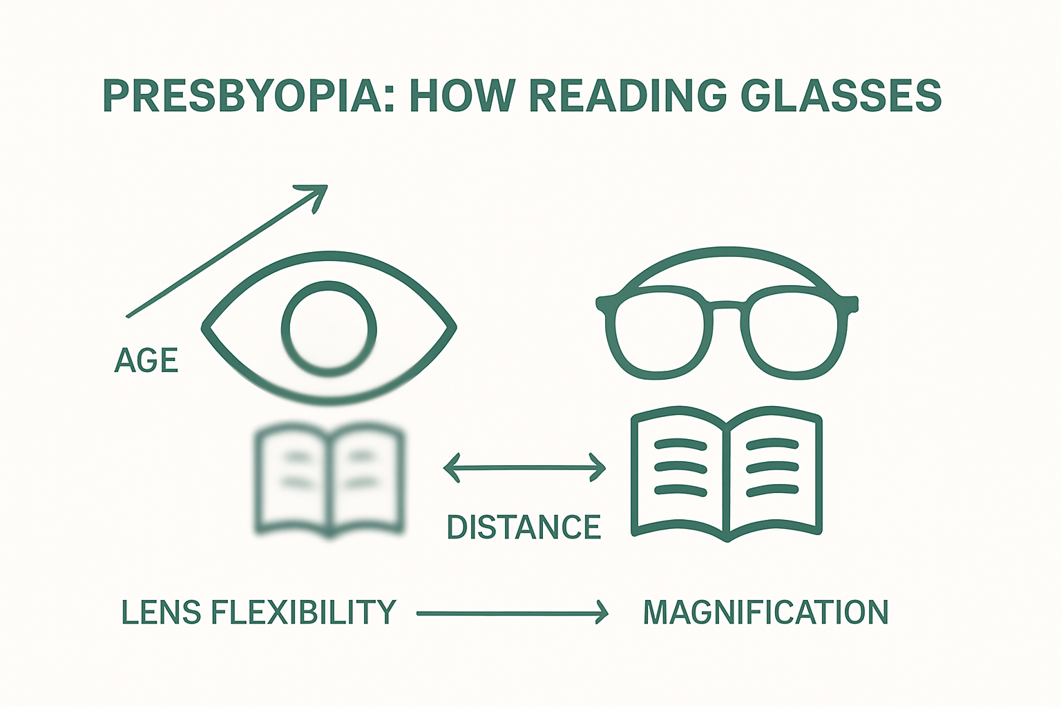 Side-by-side icons showing presbyopia and reading glasses effect