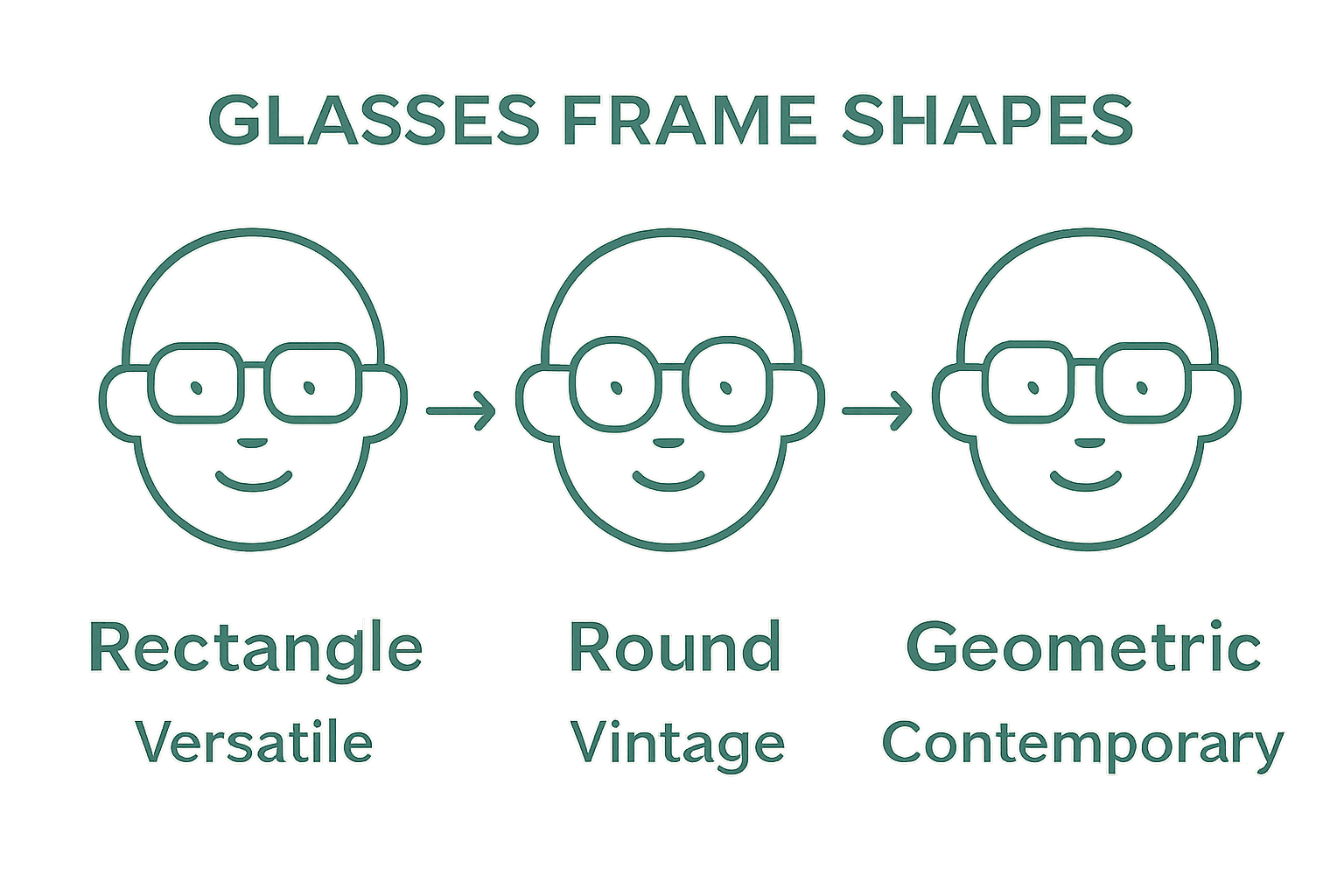 Infographic comparing rectangle, round, and geometric glasses frames