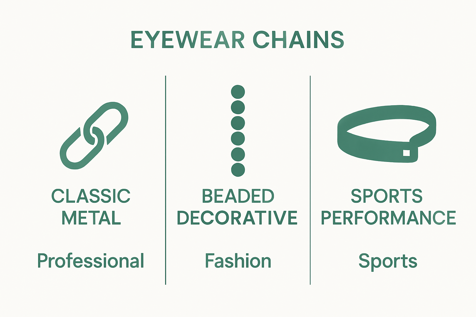 Infographic comparing classic metal, beaded, and sports eyewear chain types