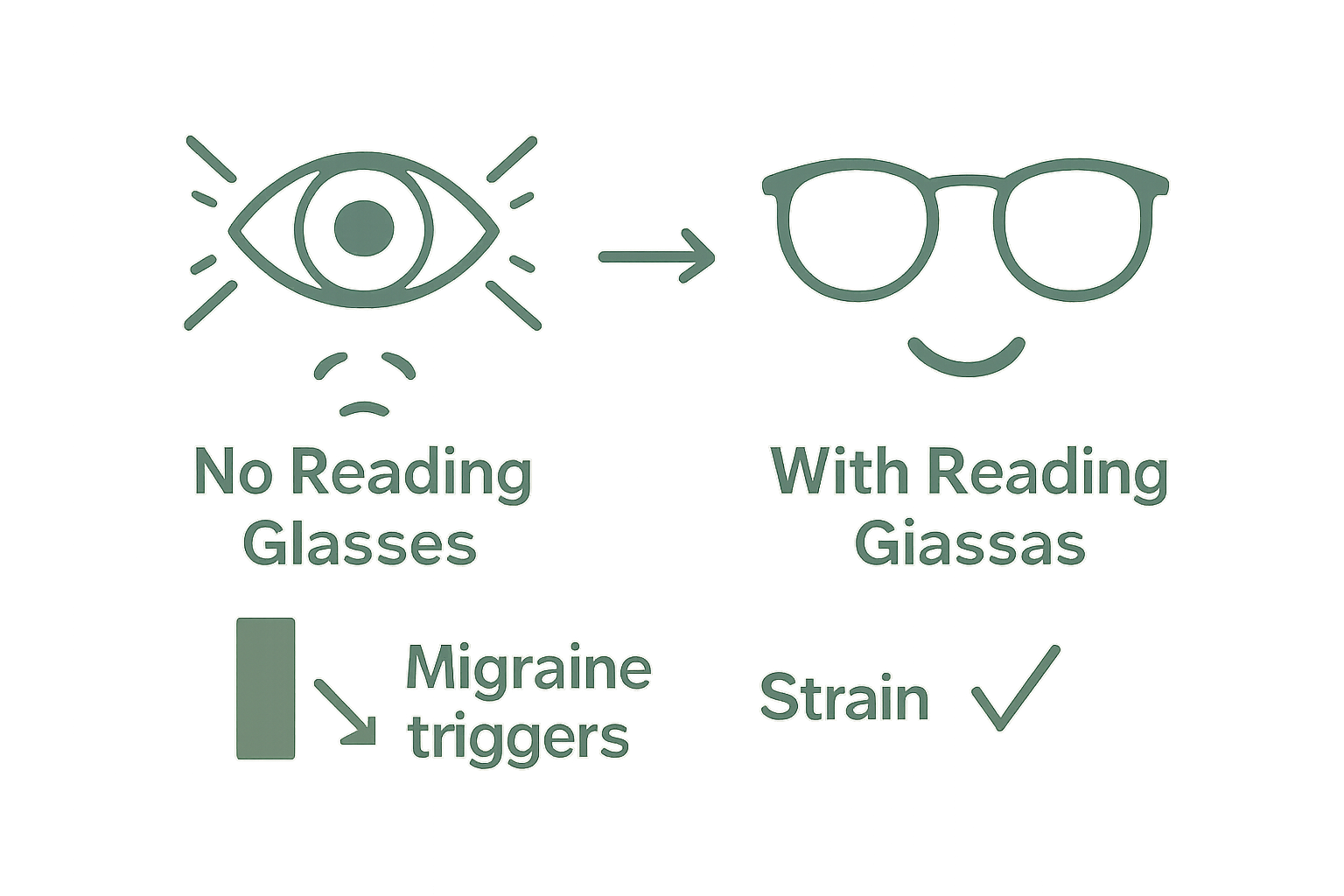 Infographic contrasting migraine triggers before and after using reading glasses