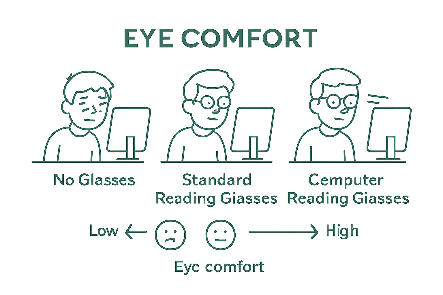 Infographic comparing no glasses, standard readers, and computer reading glasses for eye comfort