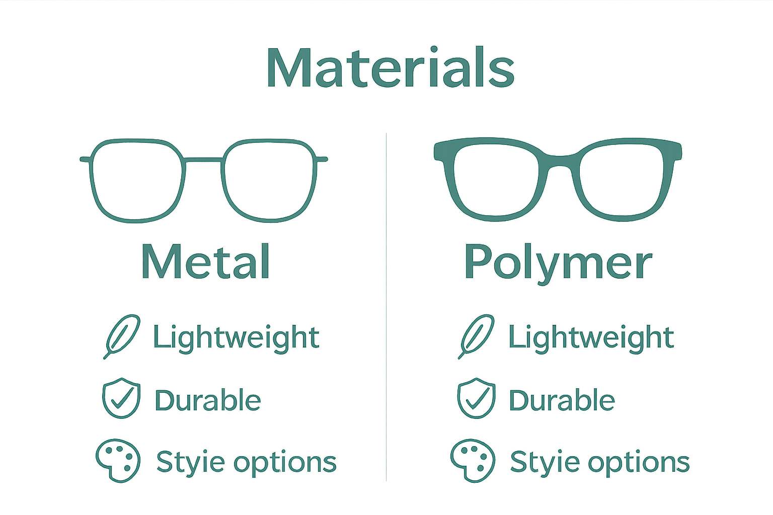 Infographic comparing metal vs. polymer reading glasses frame materials