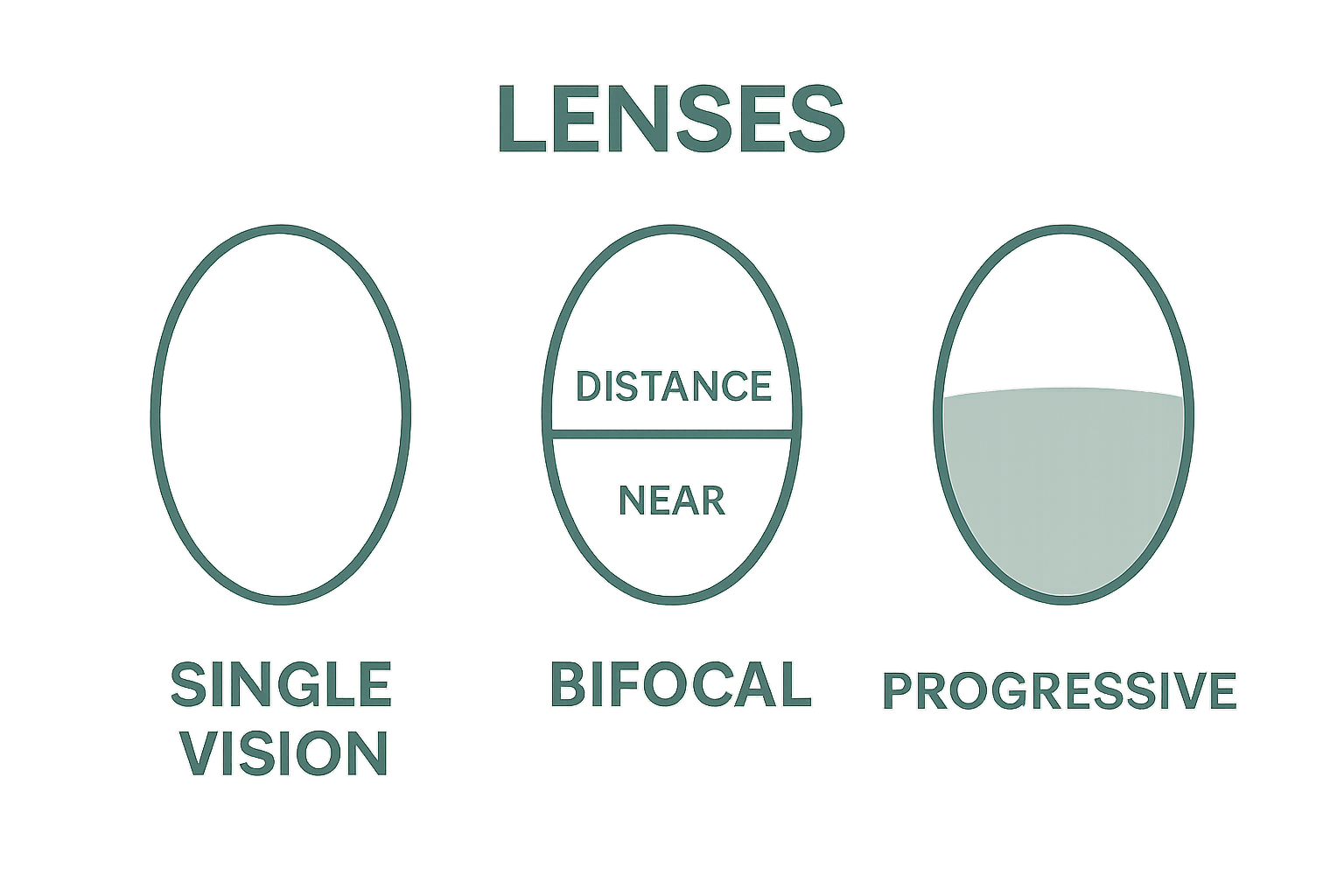 Infographic comparing single vision, bifocal, and progressive lenses