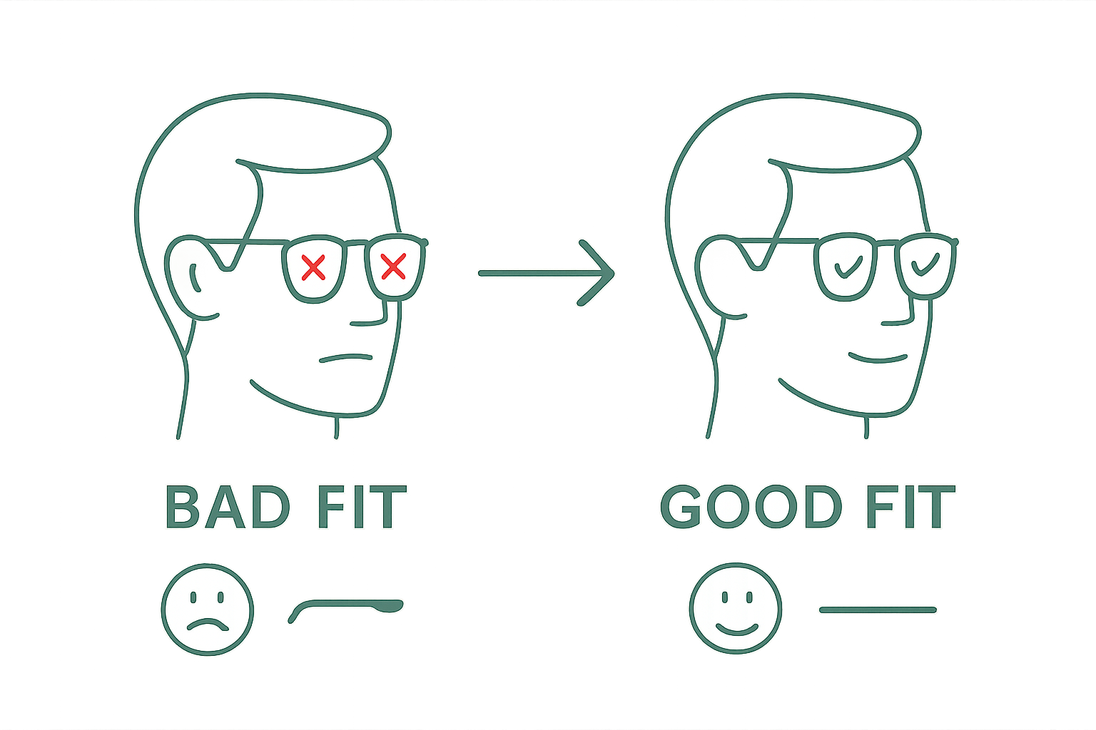 Infographic showing proper and improper reading glasses fit for men over 40