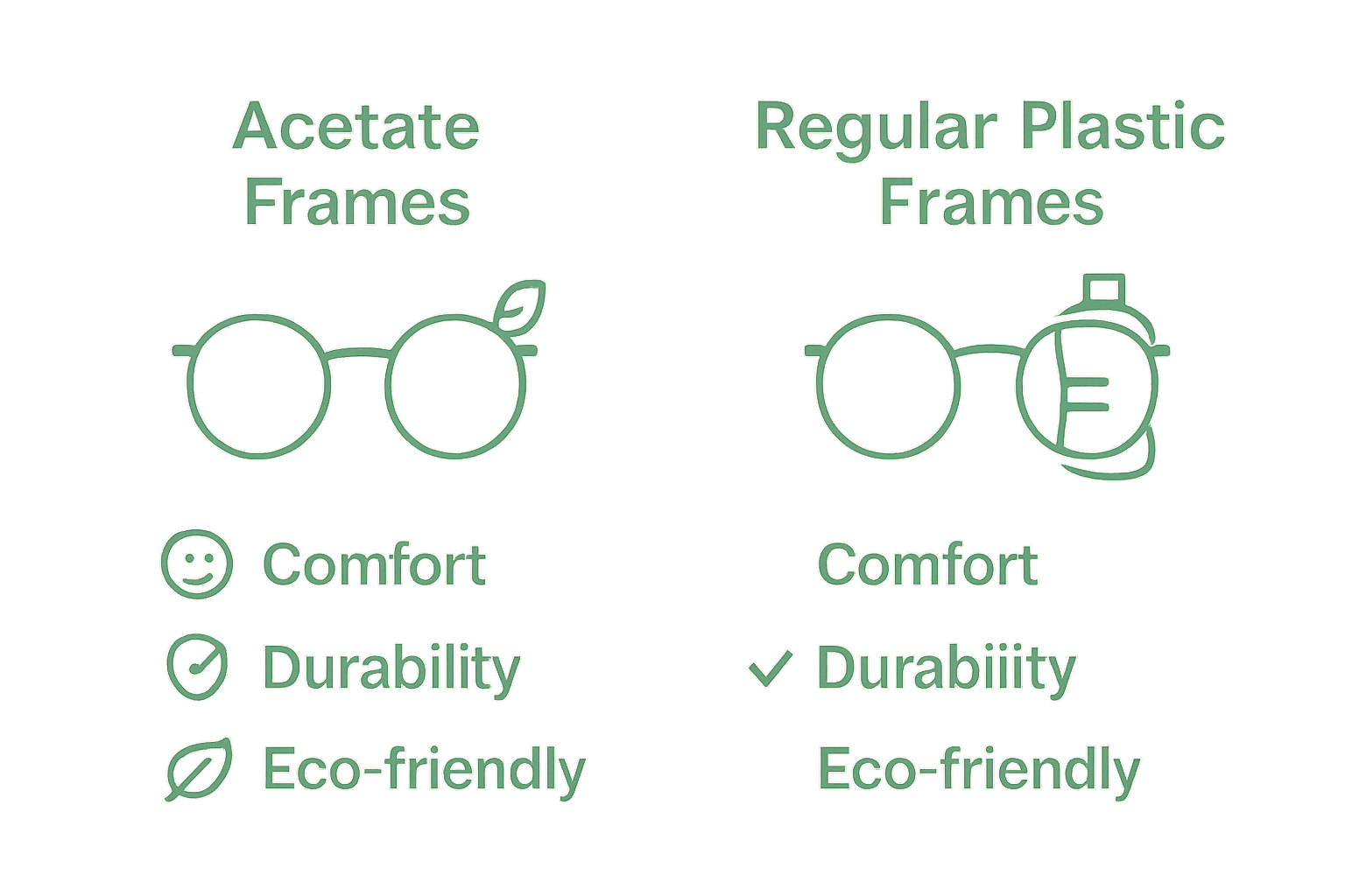 Infographic comparing acetate vs plastic frames for comfort, durability, eco-friendliness