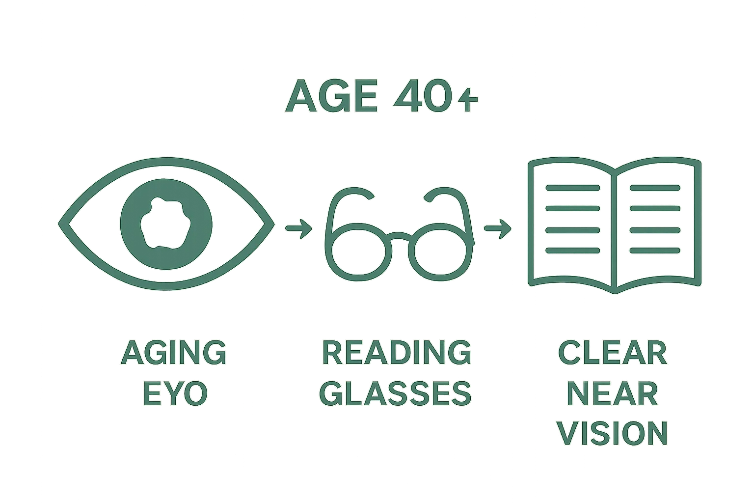 Infographic comparing aging eyes, reading glasses, and restored near vision