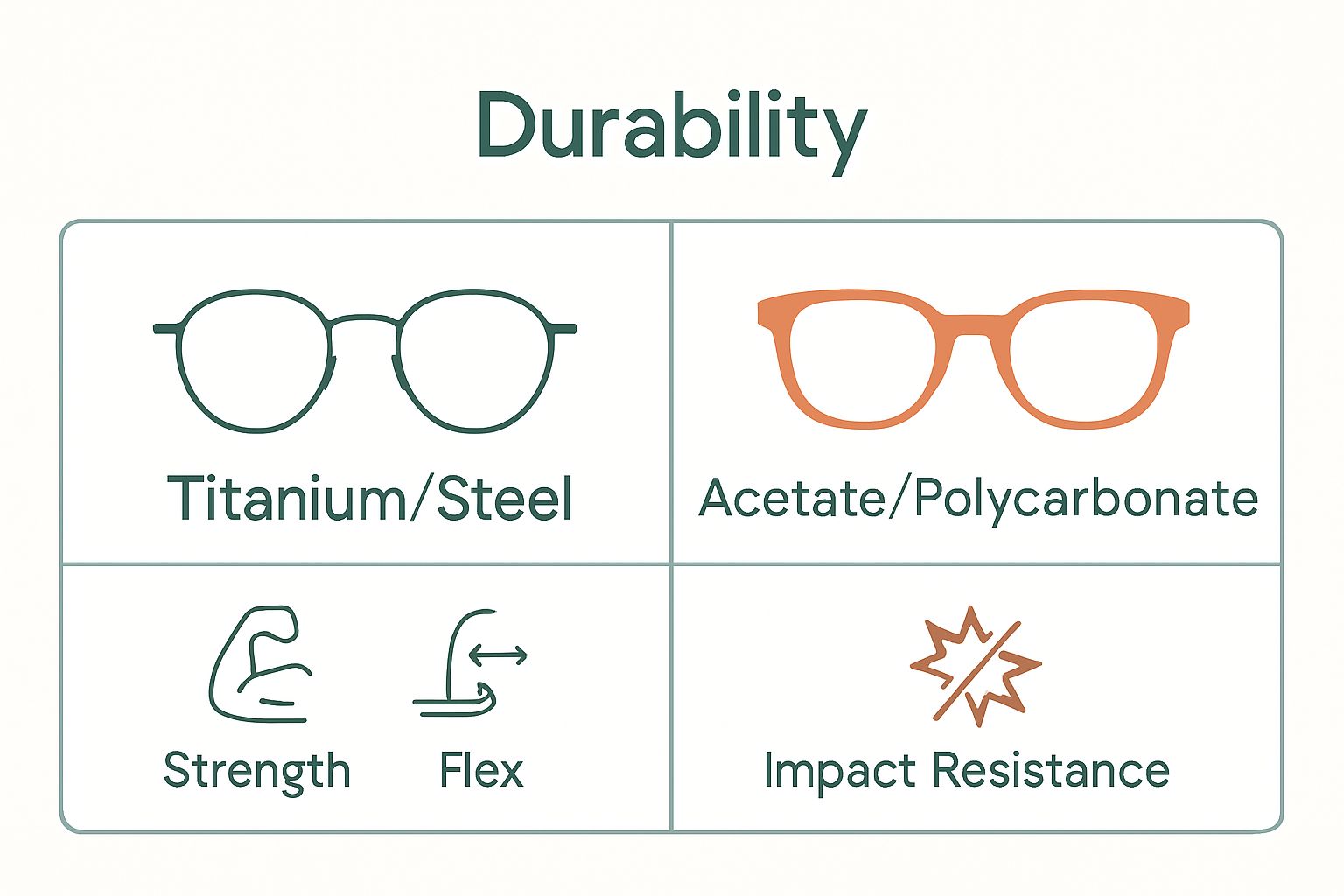 Infographic comparing glasses frame materials and durability