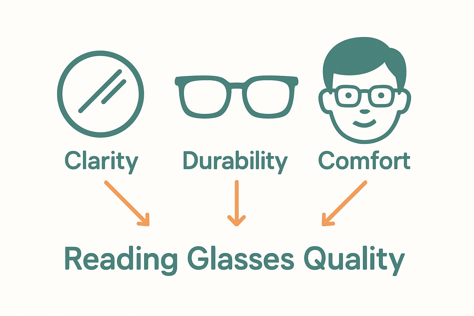 Infographic showing clarity, durability, comfort in reading glasses