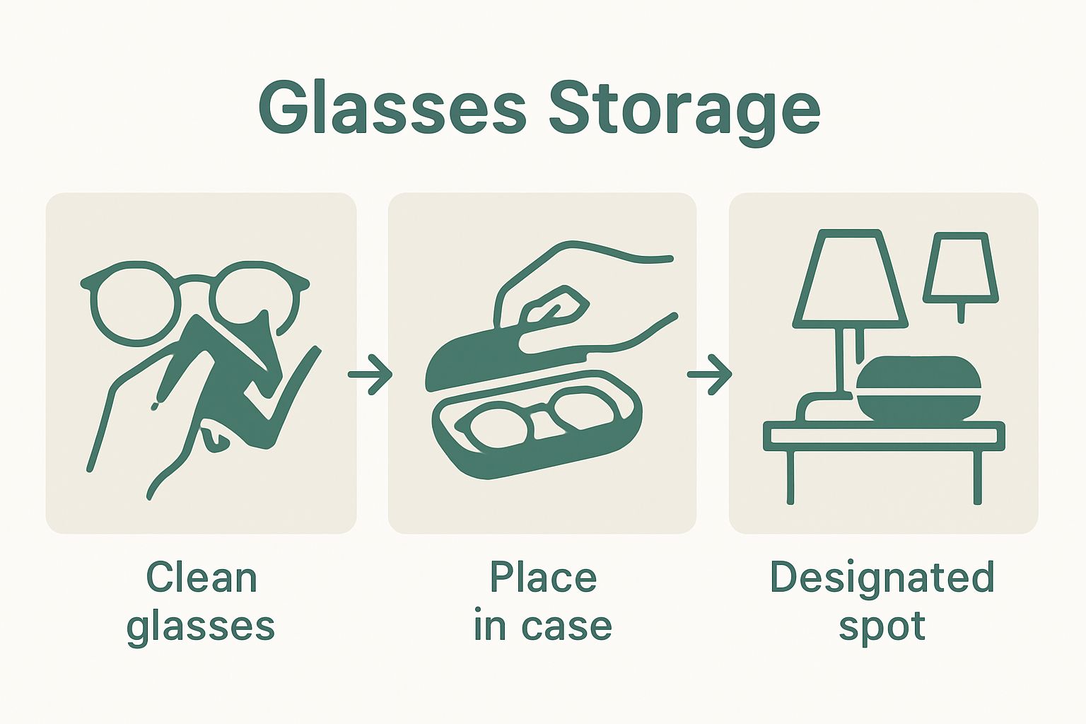 Three-step infographic for cleaning and storing glasses
