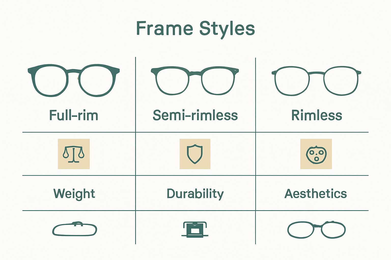 Infographic comparing full-rim, semi-rimless, and rimless reading glasses frame styles