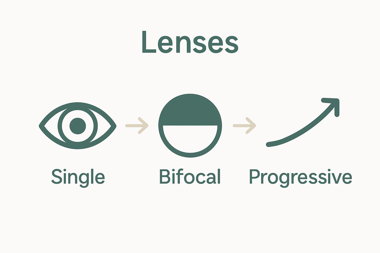 Infographic comparing single-vision, bifocal, and progressive reading glasses lenses