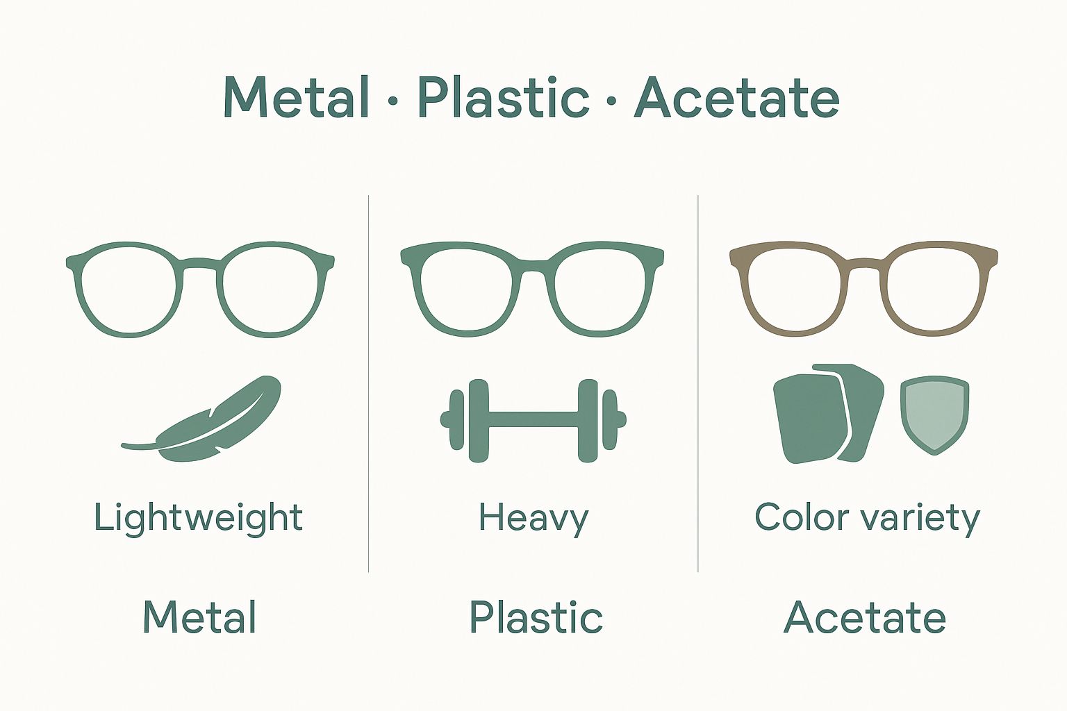 Infographic comparing metal, plastic, and acetate reading glasses frames