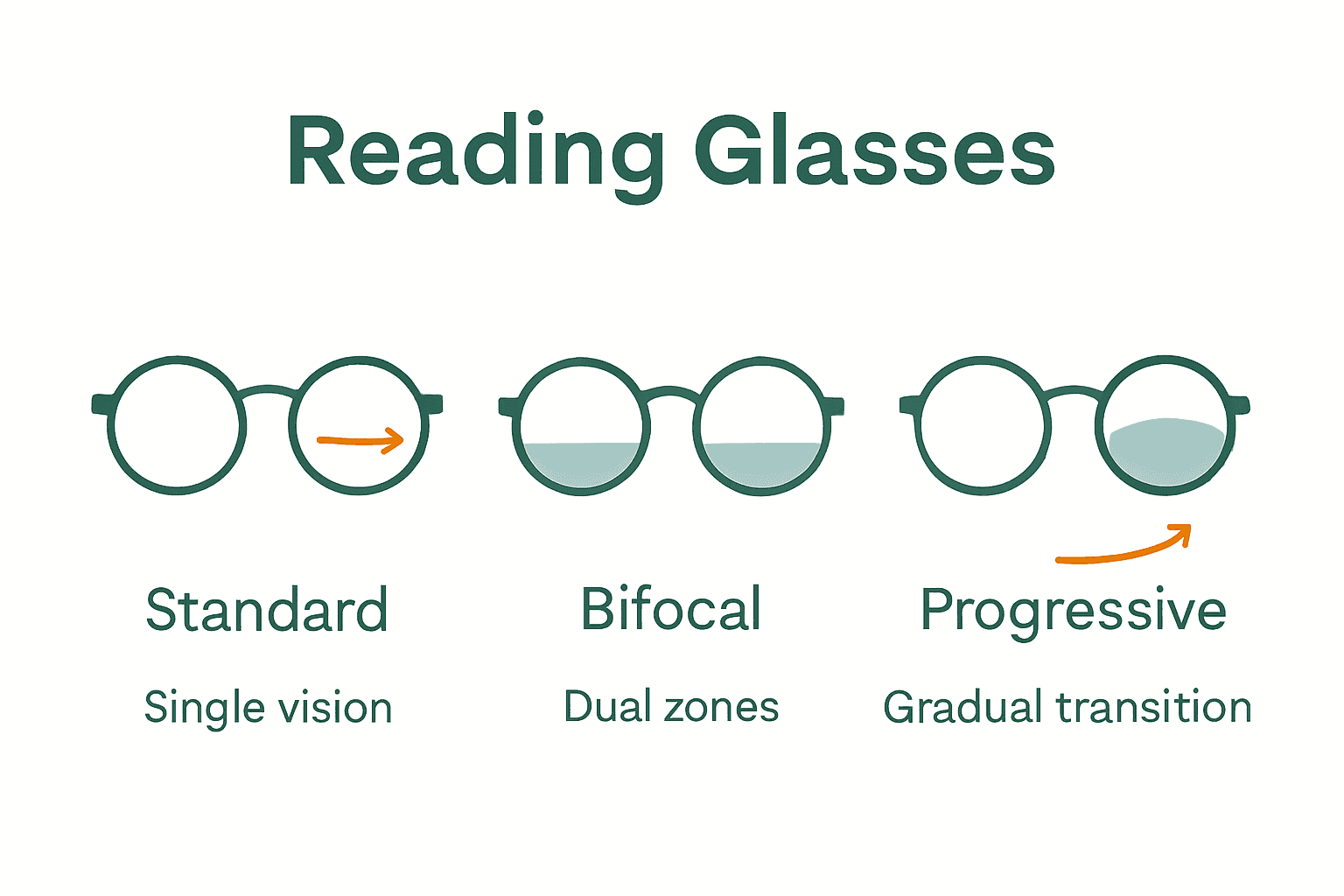 Comparison visual of standard, bifocal, and progressive reading glasses