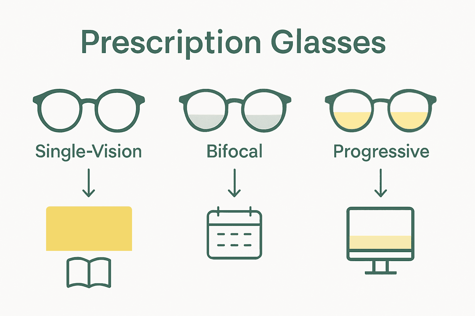 Infographic comparing single-vision, bifocal, and progressive reading glasses.