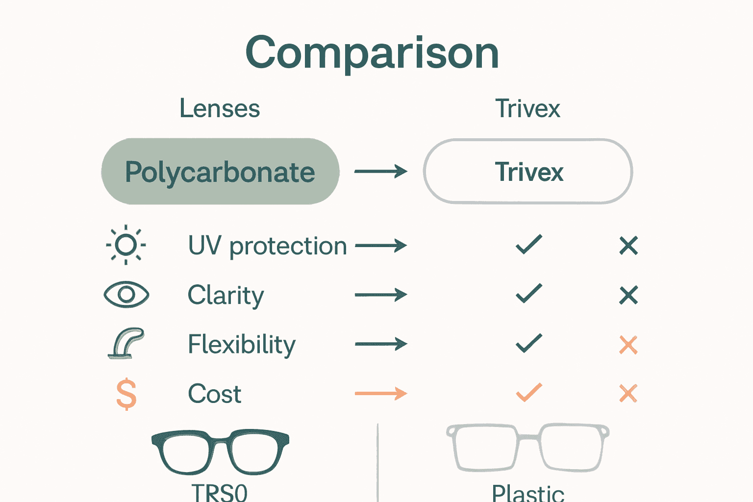 Comparison of reading glasses lens and frame materials showing key differences at a glance