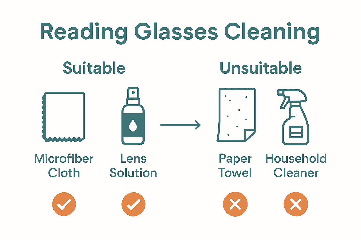 Infographic showing suitable versus unsuitable reading glasses cleaning supplies.