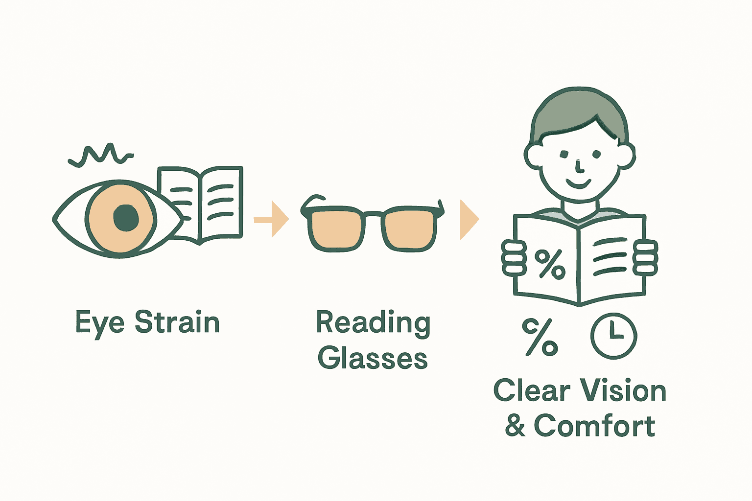 Infographic showing how reading glasses reduce eye strain and improve clarity.