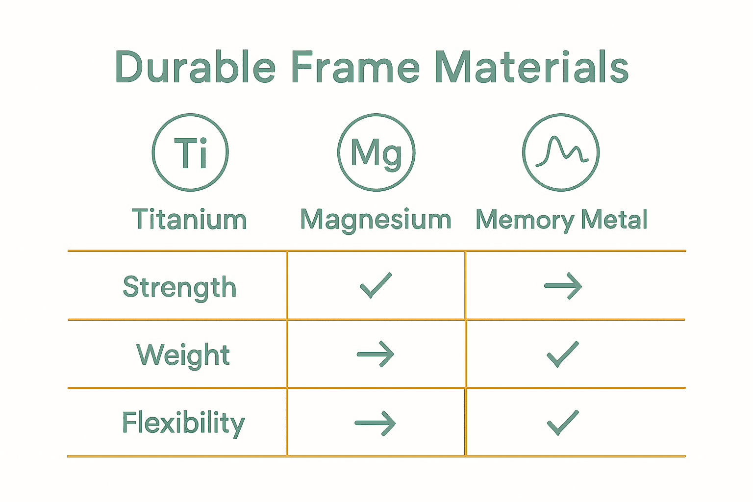 Infographic comparing titanium, magnesium, and memory metal for glasses frame durability.