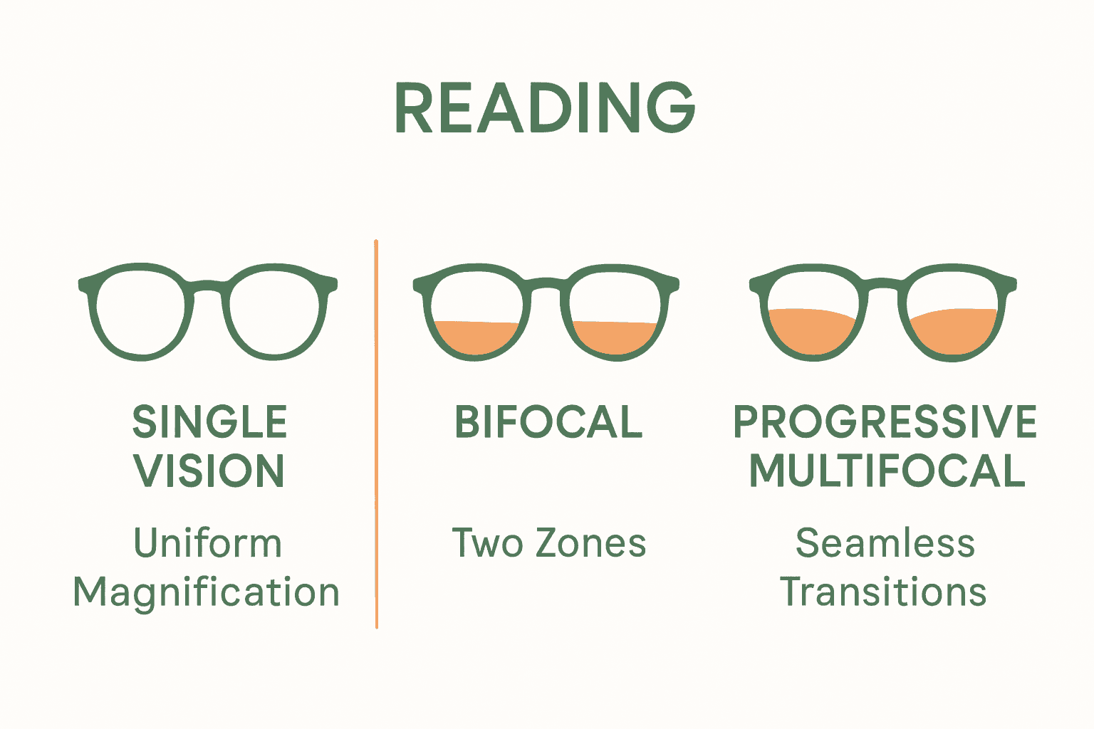 Infographic comparing single vision, bifocal, and progressive reading glasses.