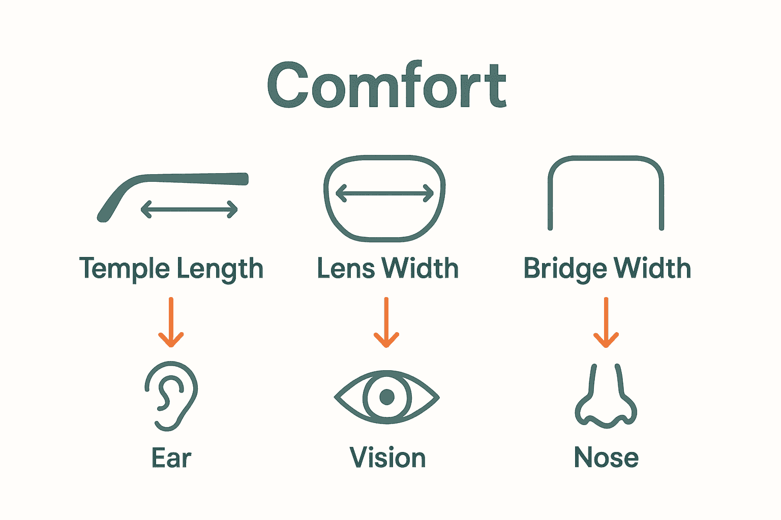 Infographic comparing temple length, lens width, bridge width for glasses.