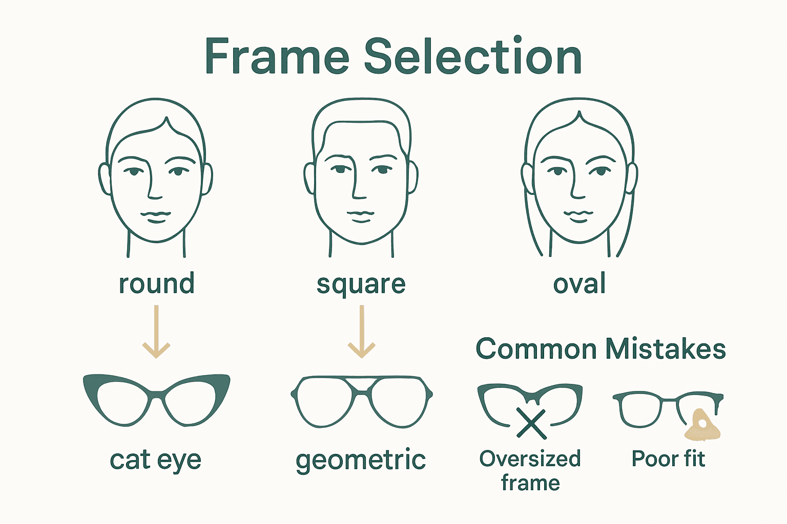 Infographic matching eyewear frames to face shapes with mistake icons.