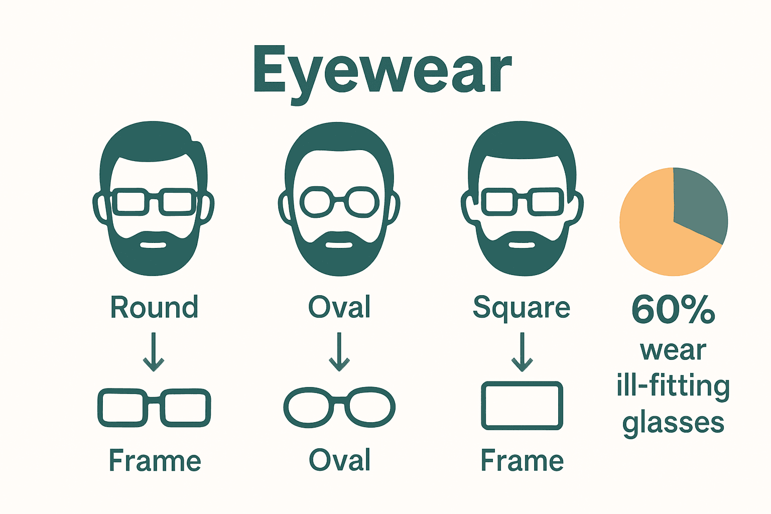 Infographic matching men’s face shapes to recommended reading glasses frames with a statistic on ill-fitting glasses.