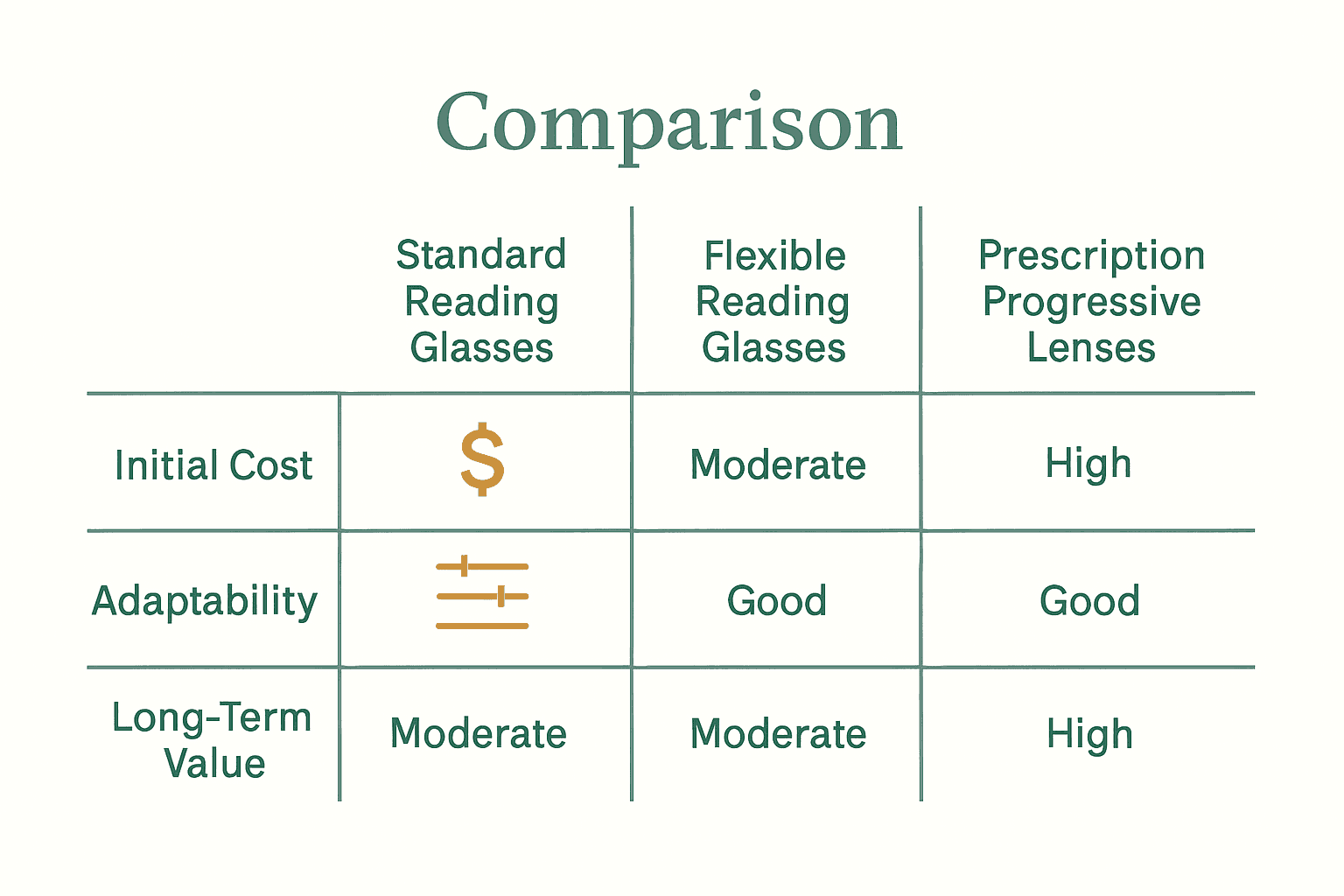 Comparison infographic: standard, flexible, and progressive reading glasses by cost and adaptability.