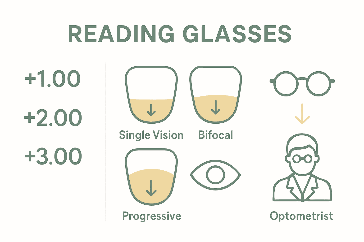 Infographic showing reading glasses diopter strengths and lens type comparison.