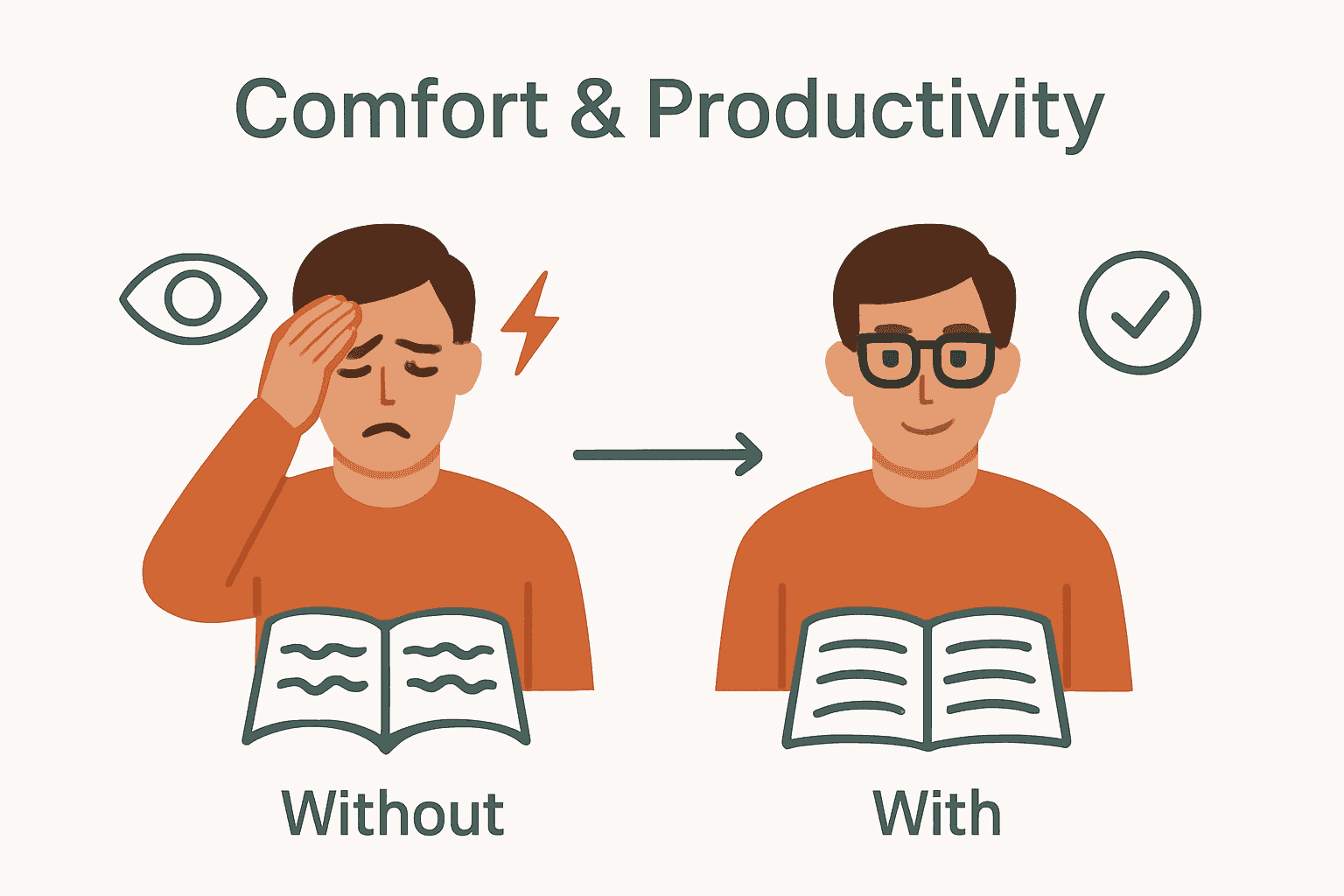 Infographic comparing vision comfort with and without reading glasses