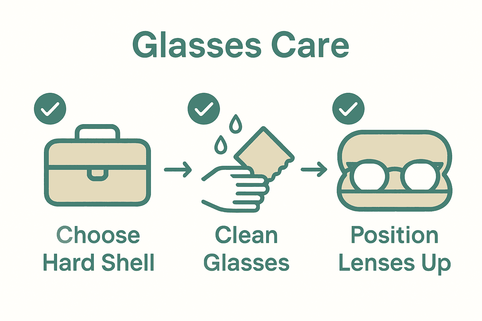 Infographic illustrating 3 key steps for storing glasses: case selection, cleaning, correct positioning.