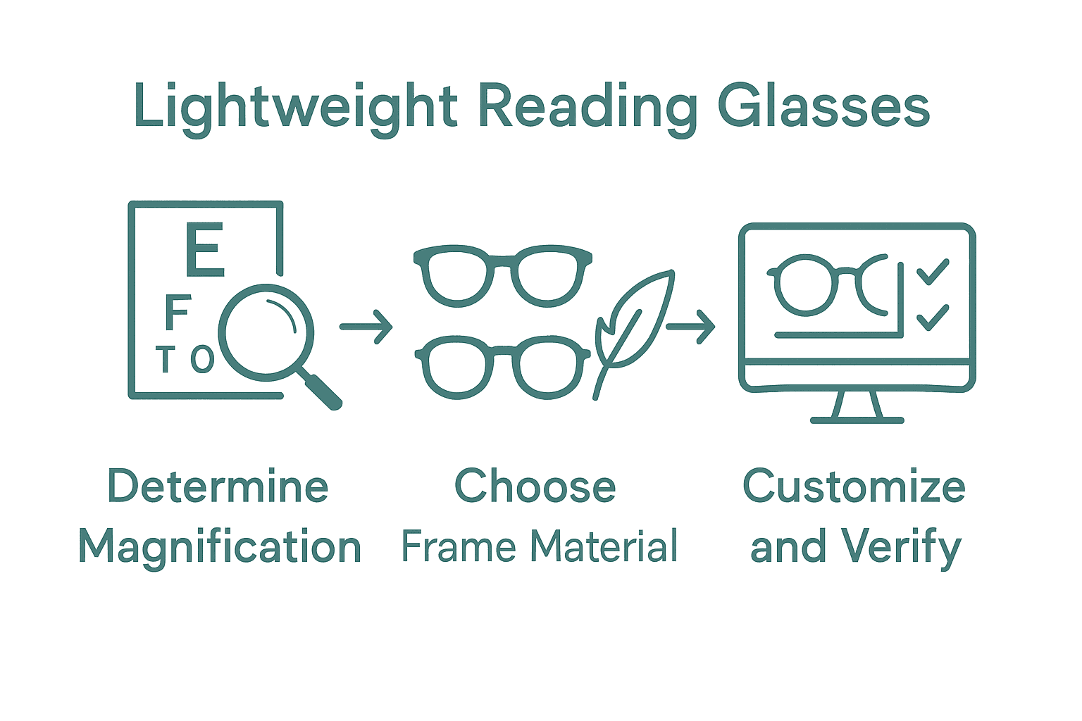 Three-step infographic for buying lightweight reading glasses online.