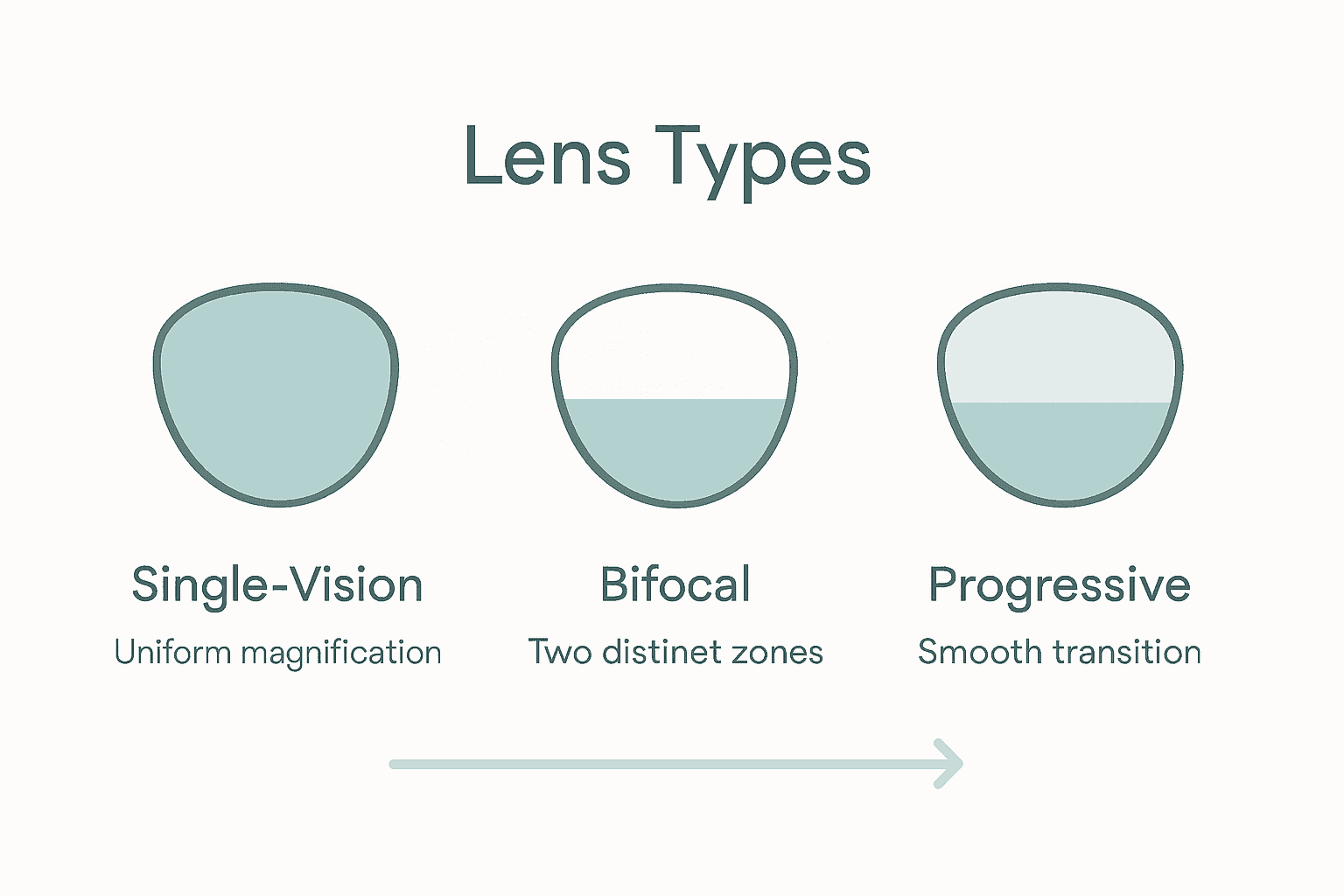 Infographic comparing single-vision, bifocal, and progressive reading lenses.