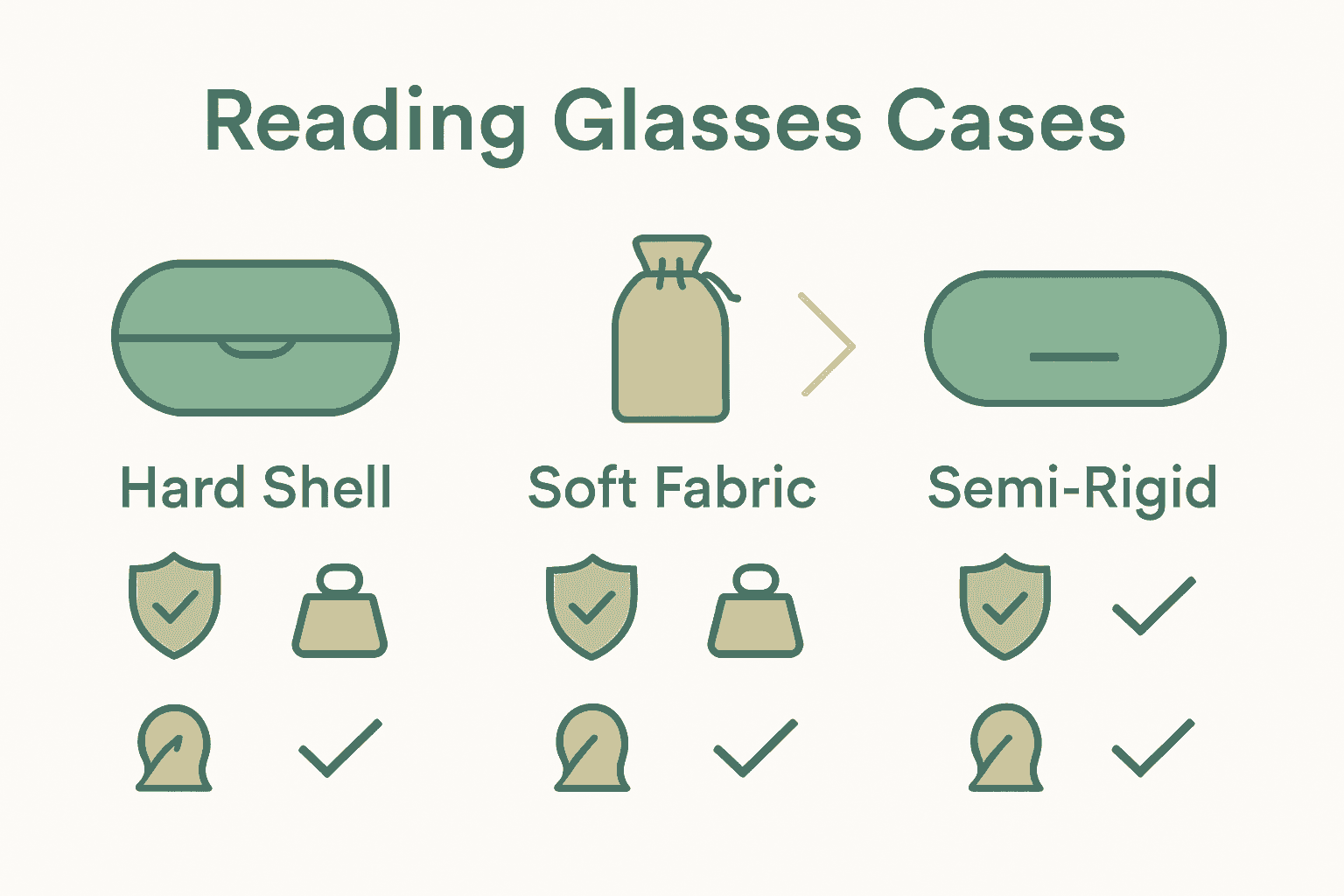 Infographic comparing hard shell, soft fabric, and semi-rigid reading glasses cases