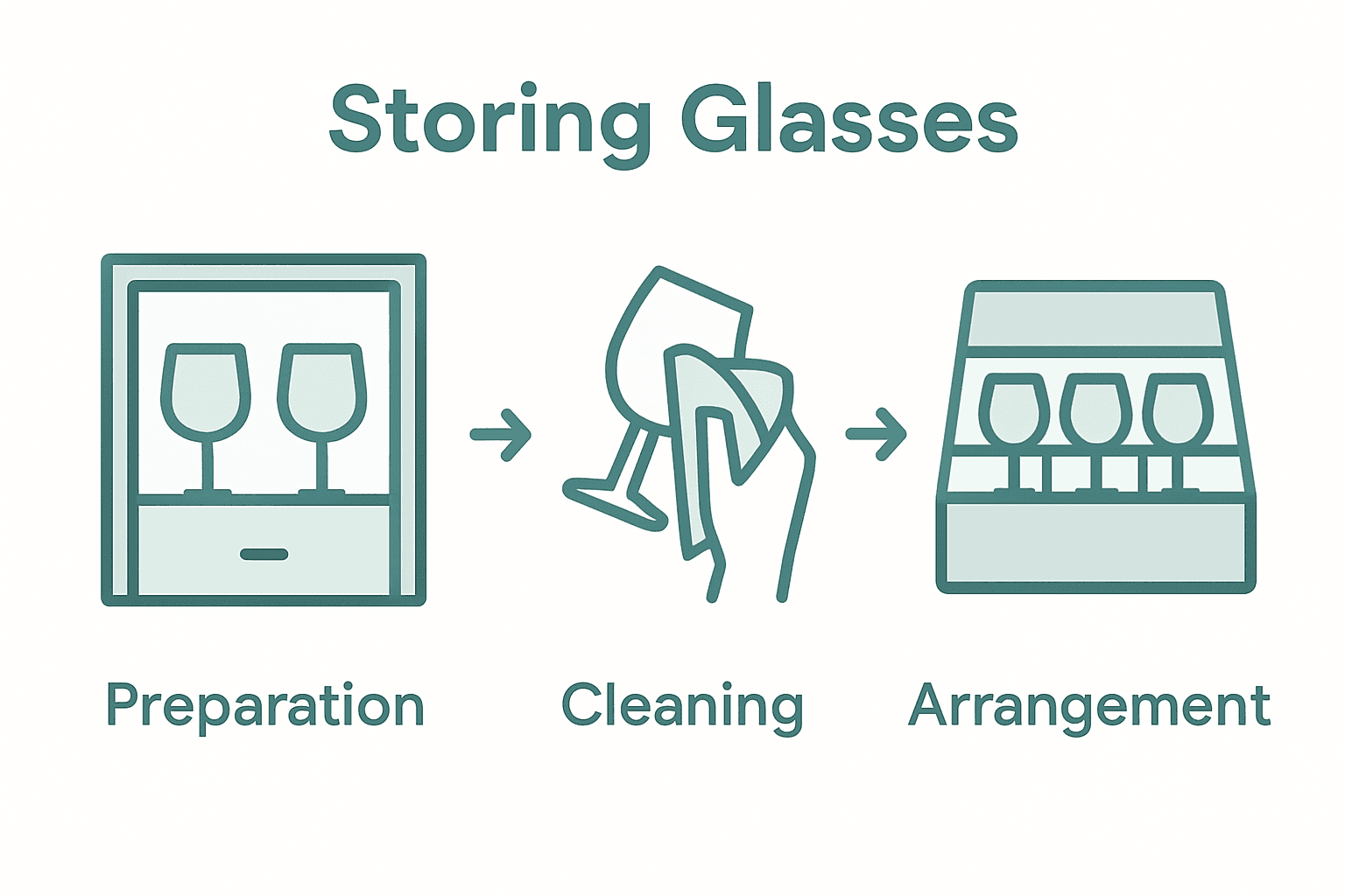 Infographic showing process of preparing storage, cleaning glasses, and arranging them in divided box.