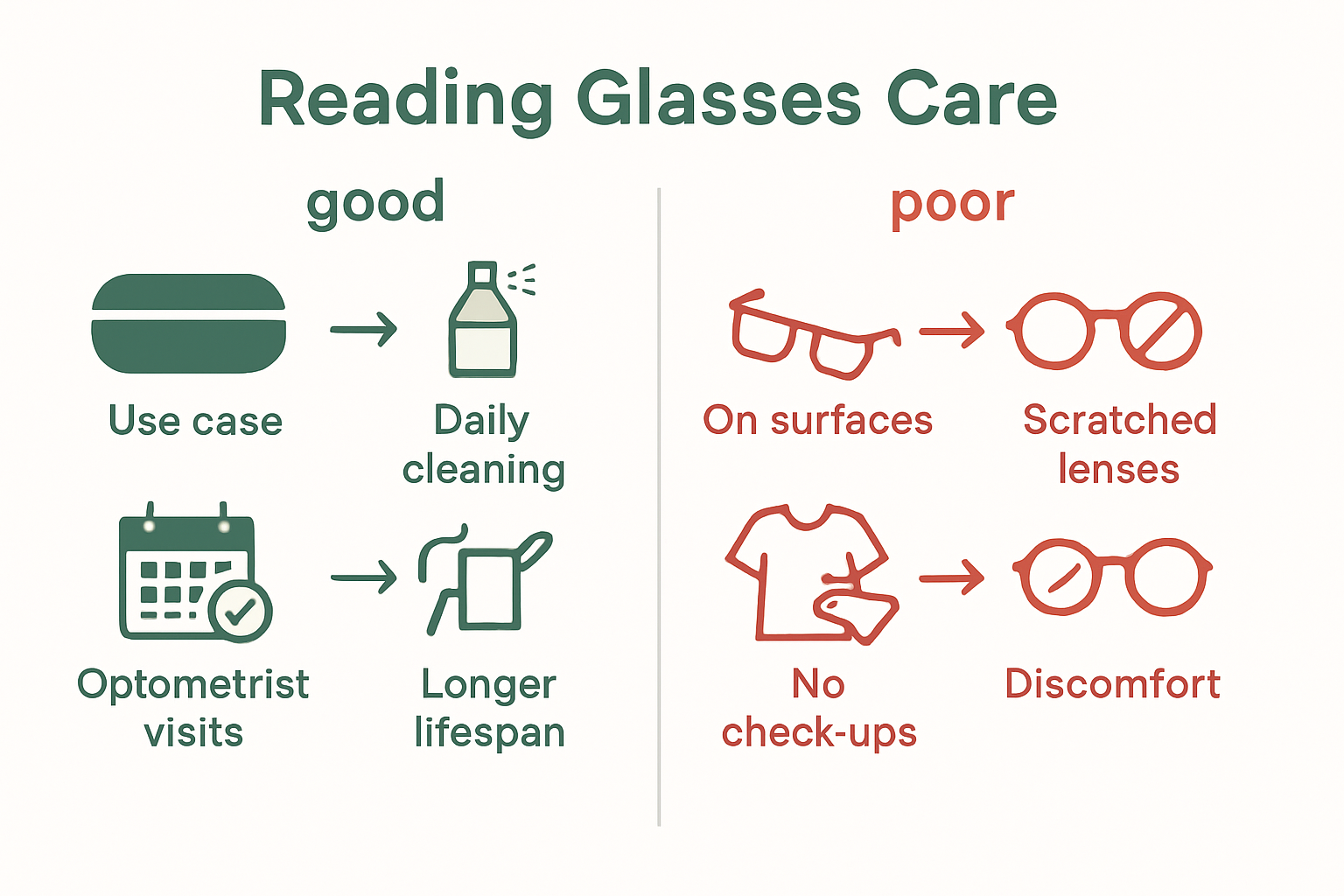Infographic comparing good and poor reading glasses care habits.